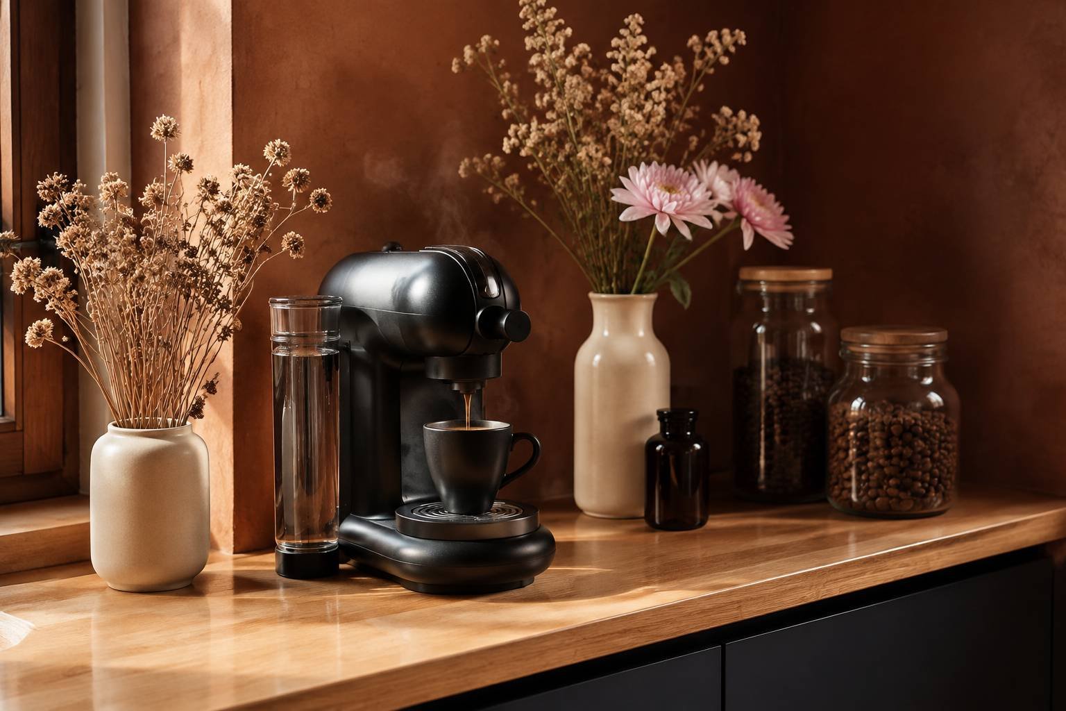 Coffee maker and electric kettle fitted into a compact wooden kitchen nook