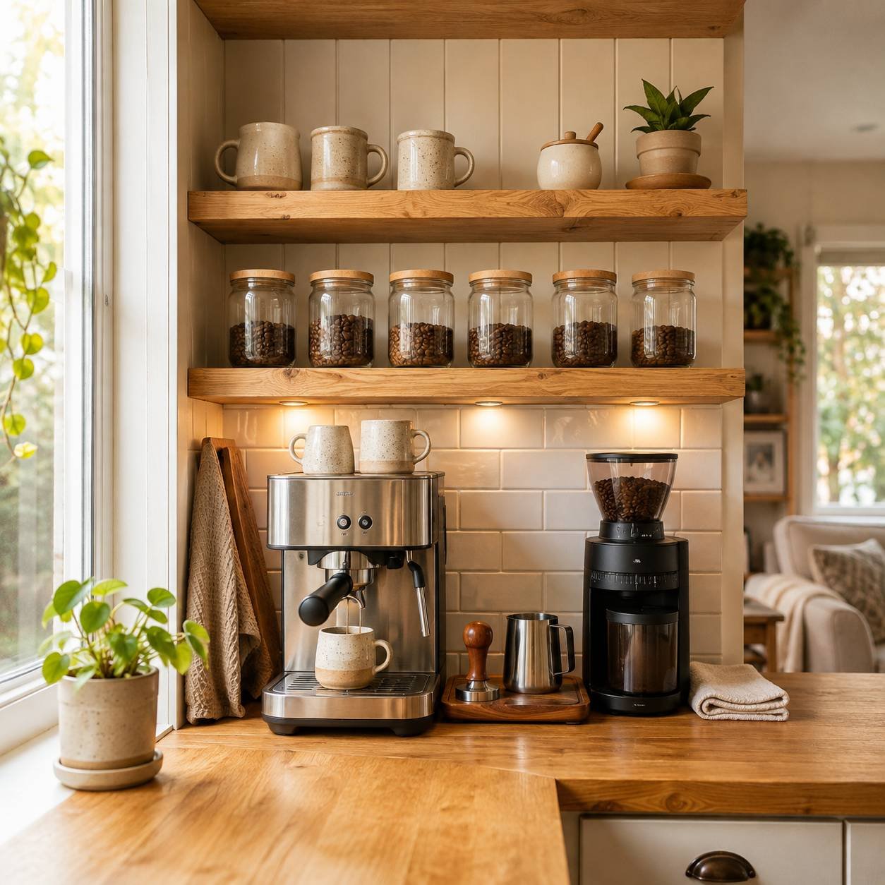 Compact countertop coffee station with grinder, mugs and brewing tools
