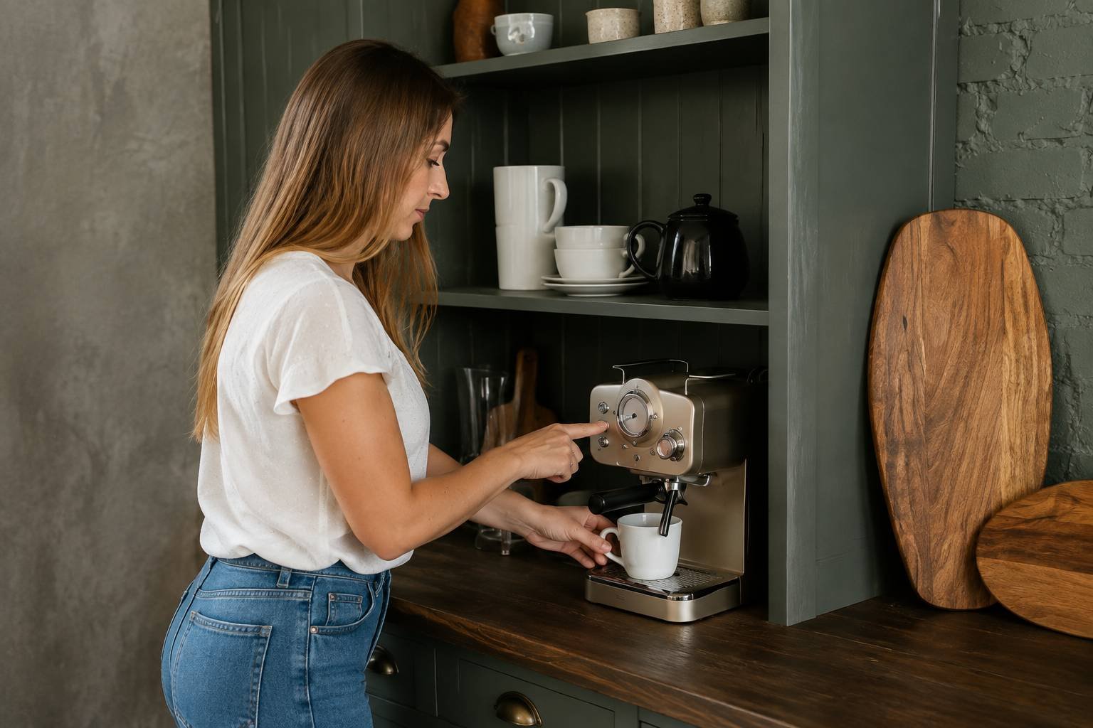 Organized kitchen pegboard with coffee mugs, hooks and shallow shelves