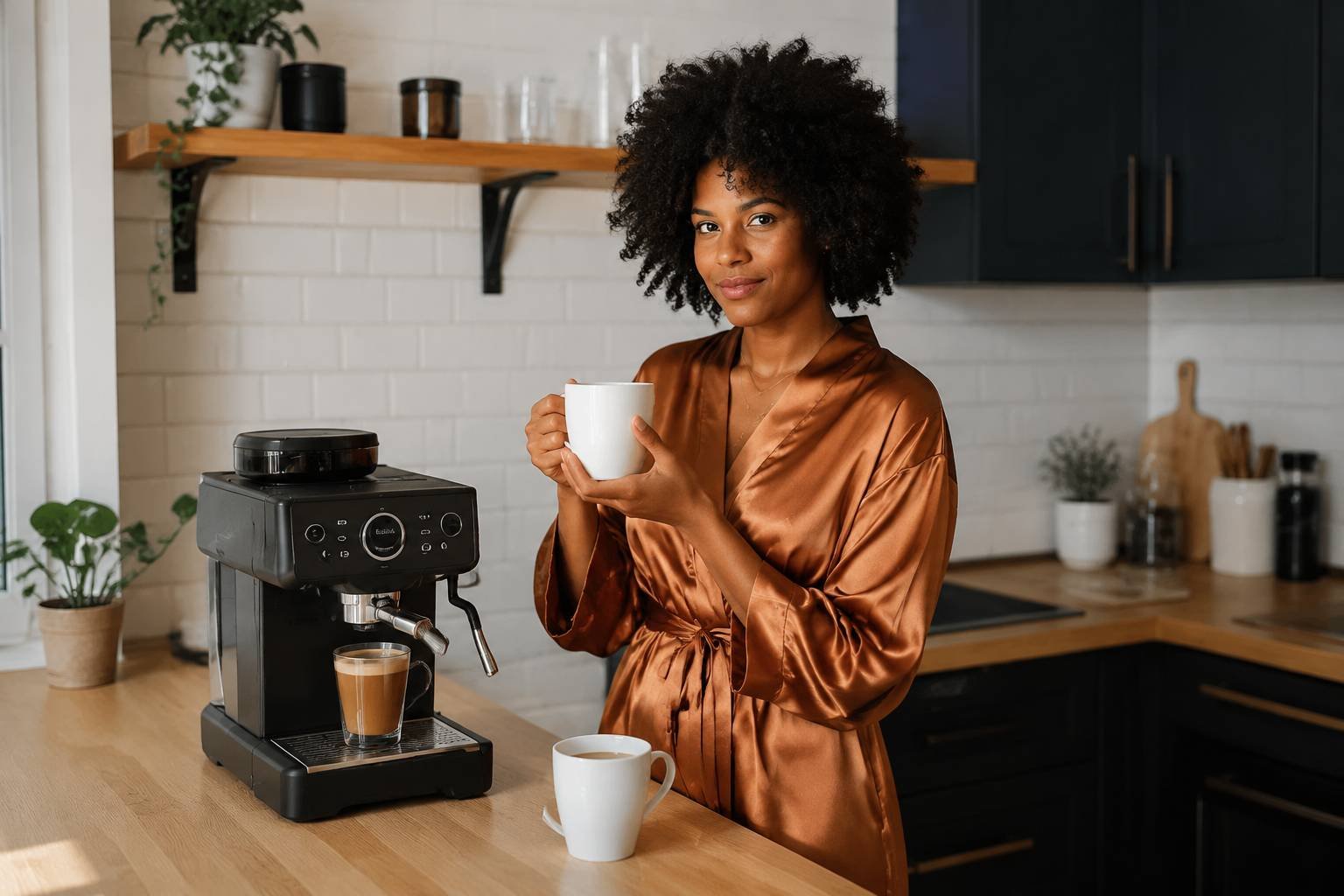 Small coffee station with wall shelves, hanging mugs and coffee canisters