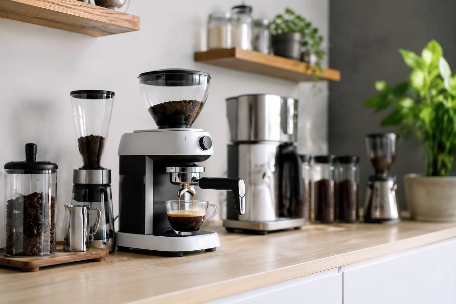 Sunlit kitchen counter arranged with coffee makers, mugs and pour-over equipment