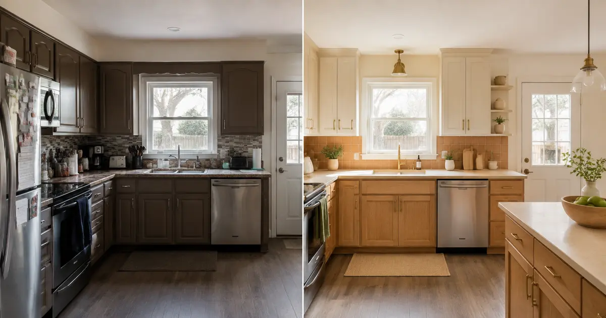 Before and after warm modern AI kitchen redesign concept