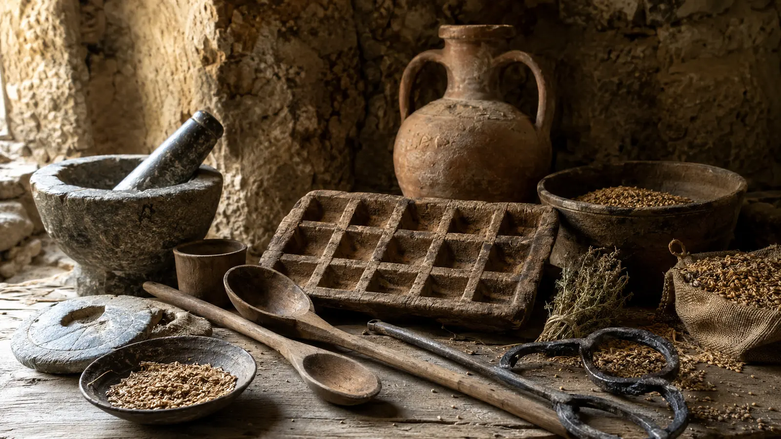 Historically inspired collection of ancient kitchen utensils