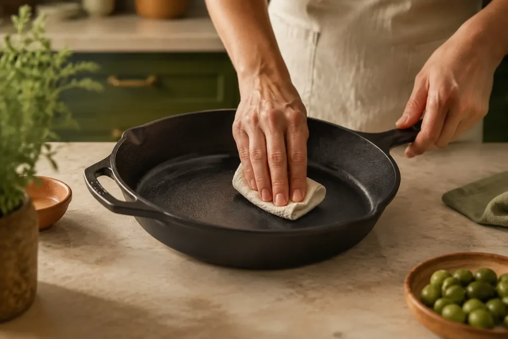 Applying a very thin coat of oil to a cast-iron skillet