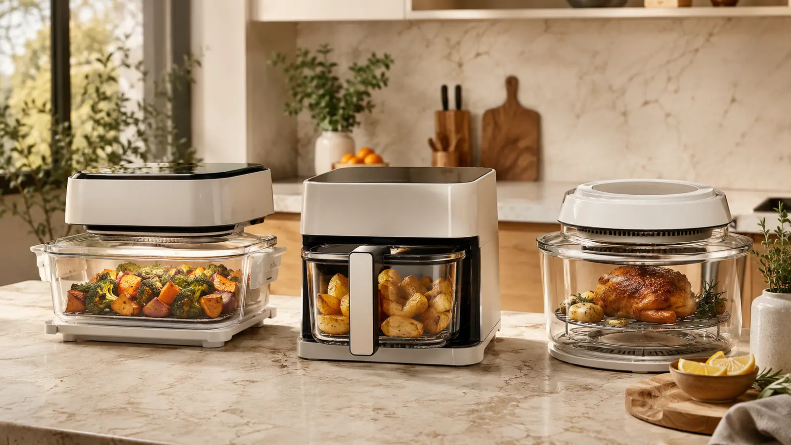 Three glass air fryer styles compared on a kitchen countertop