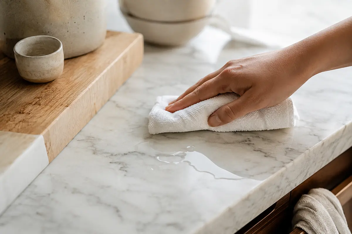 Blotting a small spill from a marble countertop with a microfiber cloth