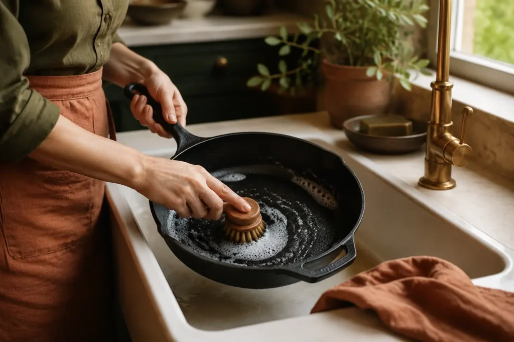 Cleaning a cast-iron skillet with mild soap and a soft brush before seasoning