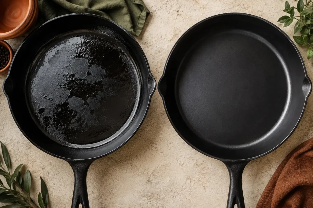Sticky uneven cast-iron seasoning beside a smooth properly seasoned surface