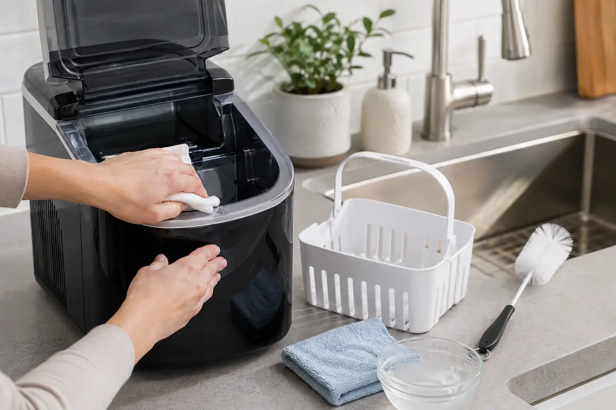 Cleaning the removable basket and accessible reservoir of a countertop ice maker