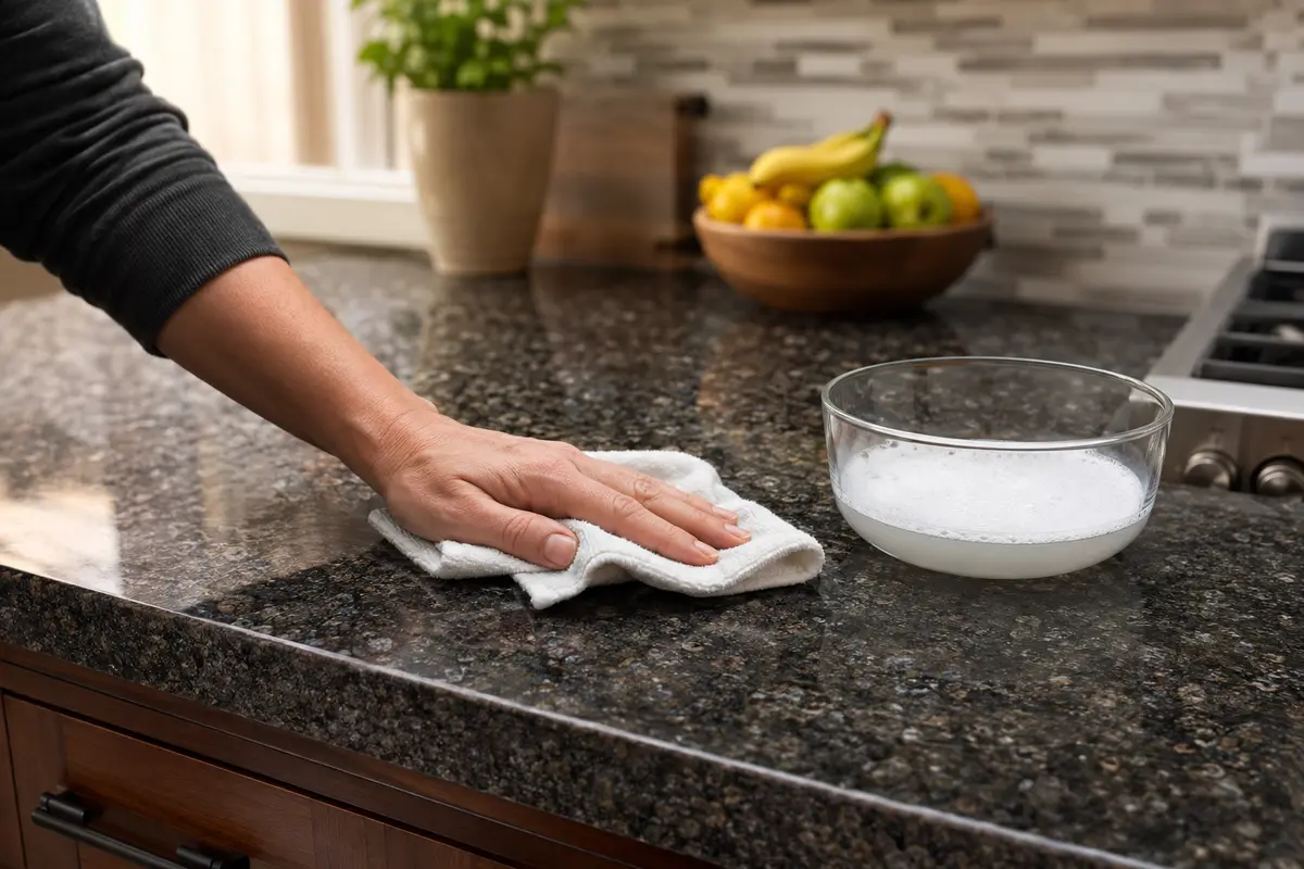 Cleaning a granite countertop with mild soapy water and a microfiber cloth