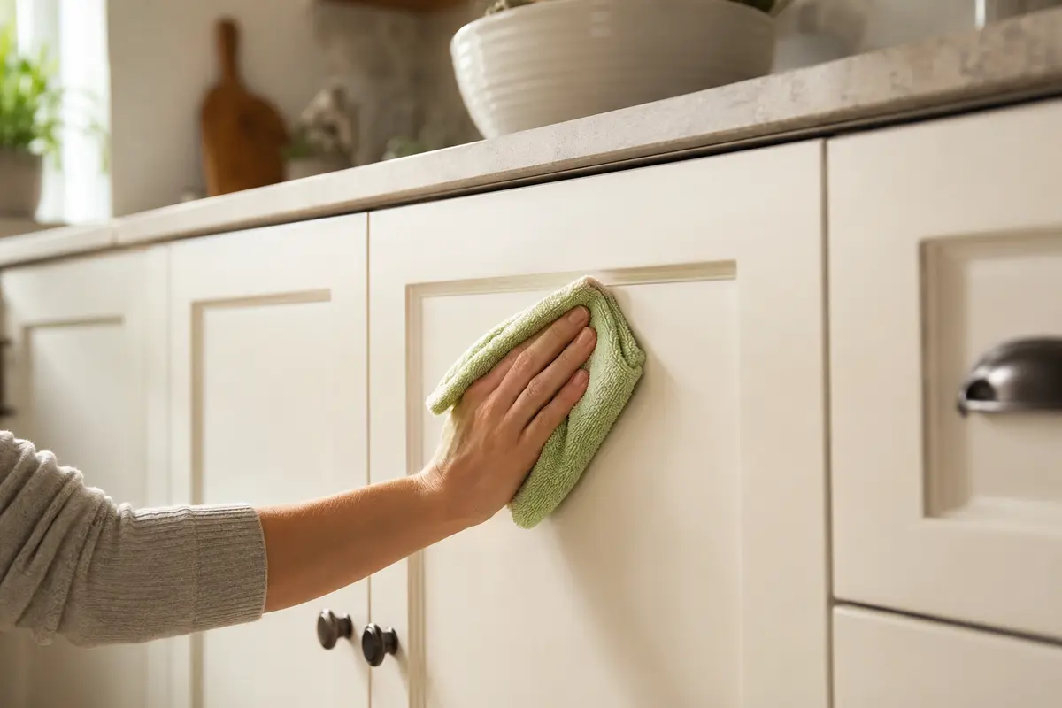 Gently wiping a painted kitchen cabinet door with a microfiber cloth