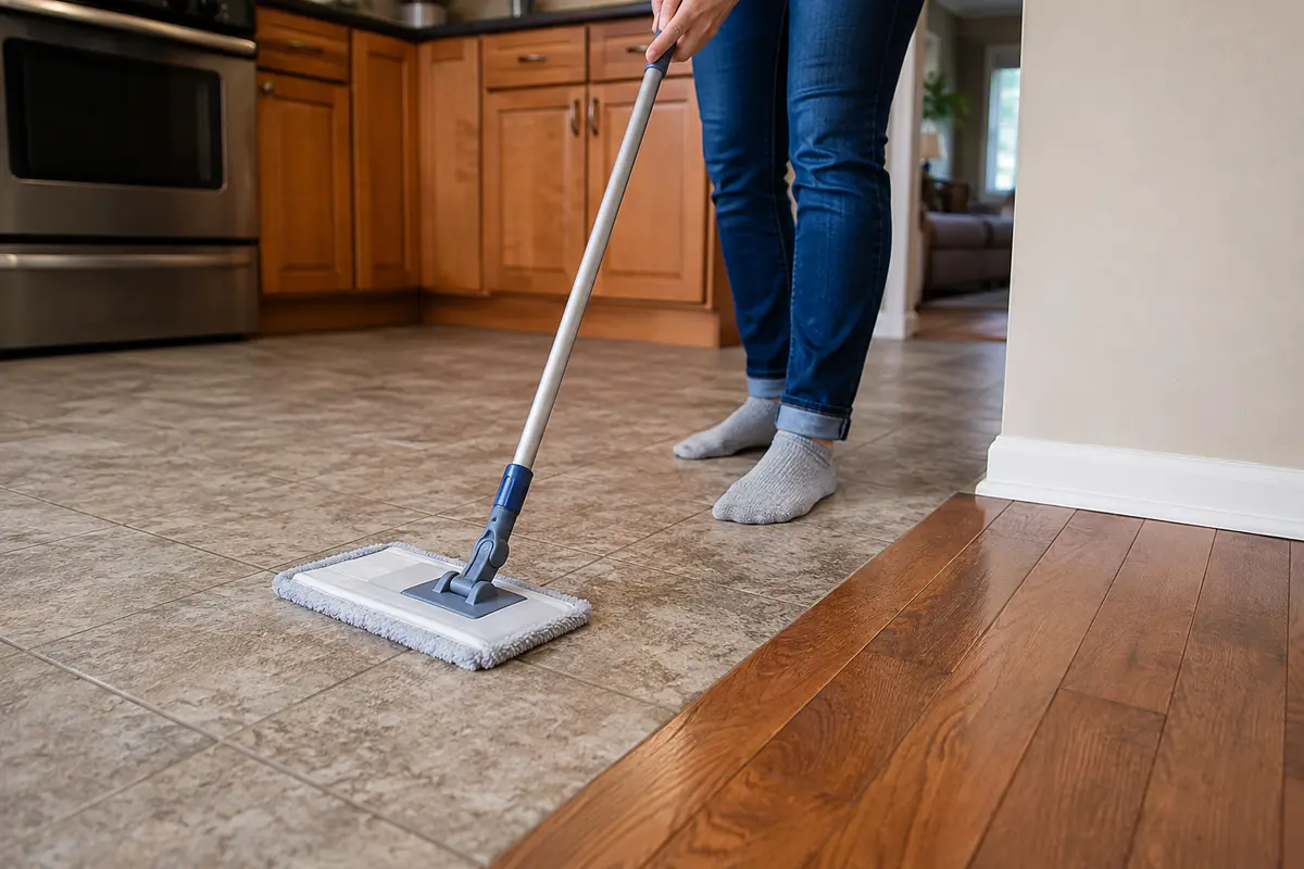 Gently cleaning kitchen flooring with a microfiber mop and minimal moisture