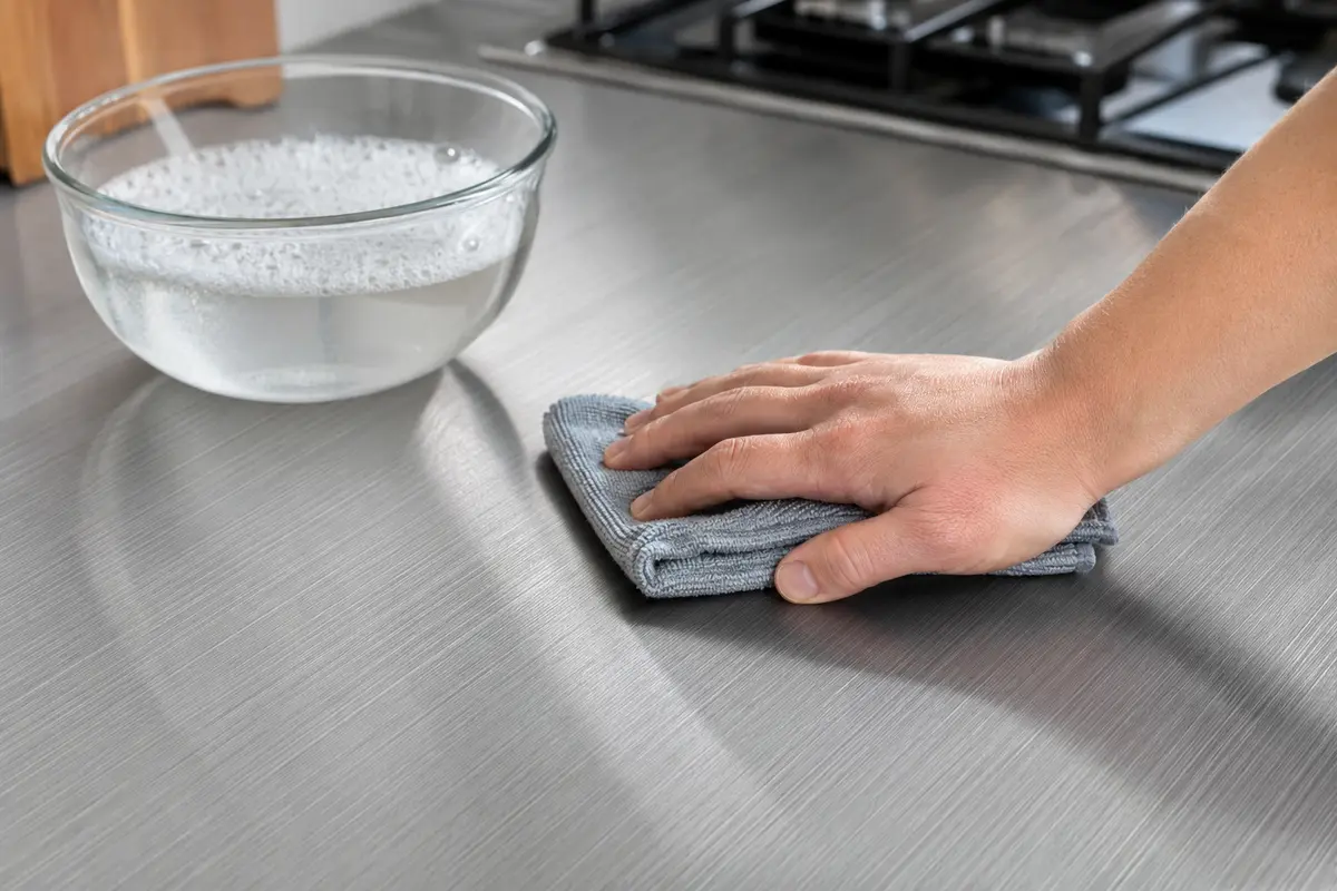 Wiping a brushed stainless steel countertop in the grain direction