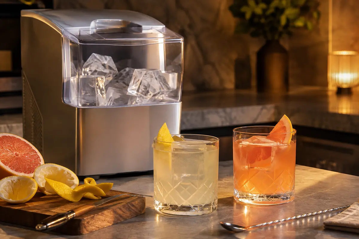 Clear square ice cubes in two citrus cocktails beside a clear ice maker