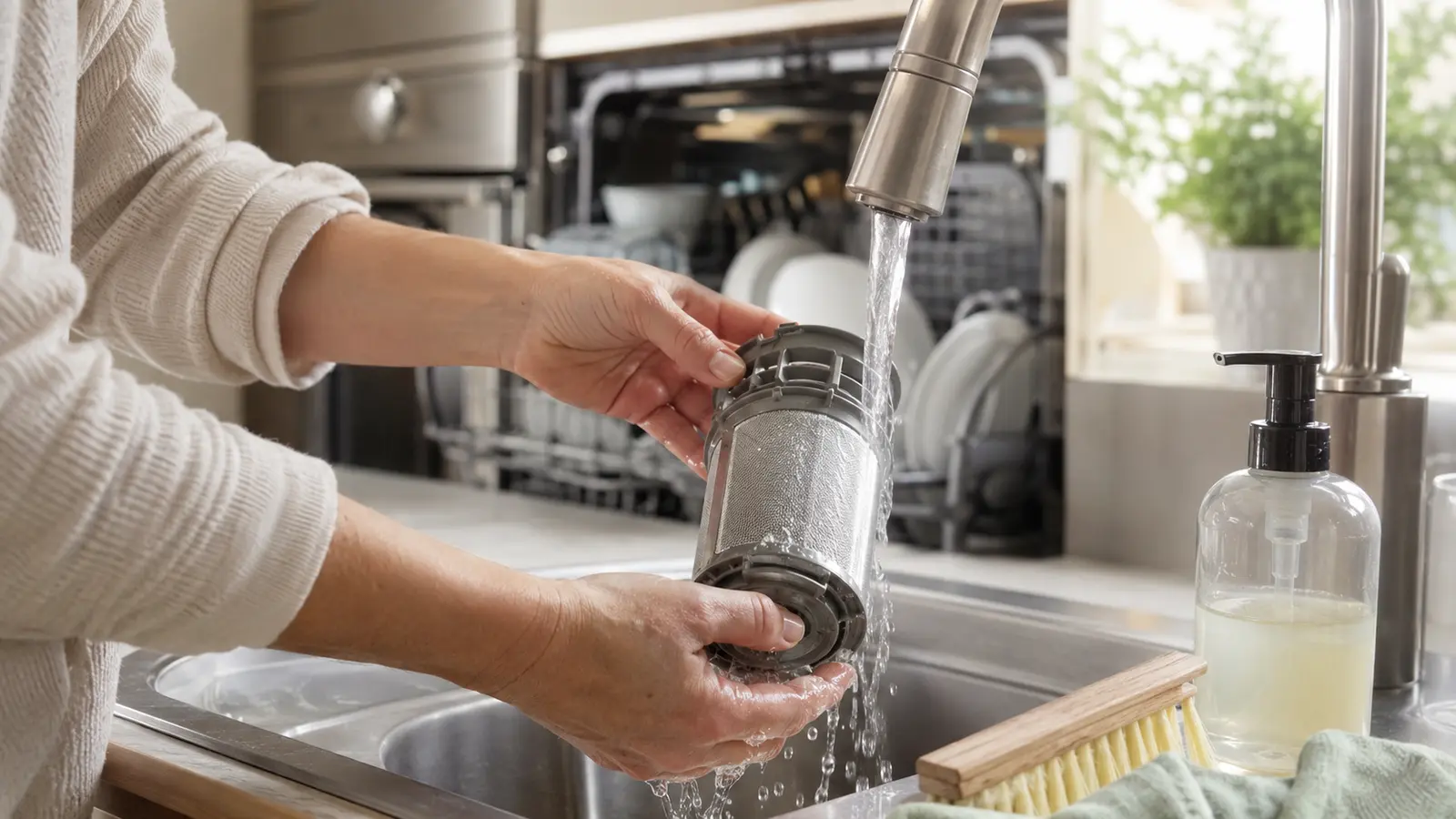 Cleaning a removable dishwasher filter under running water