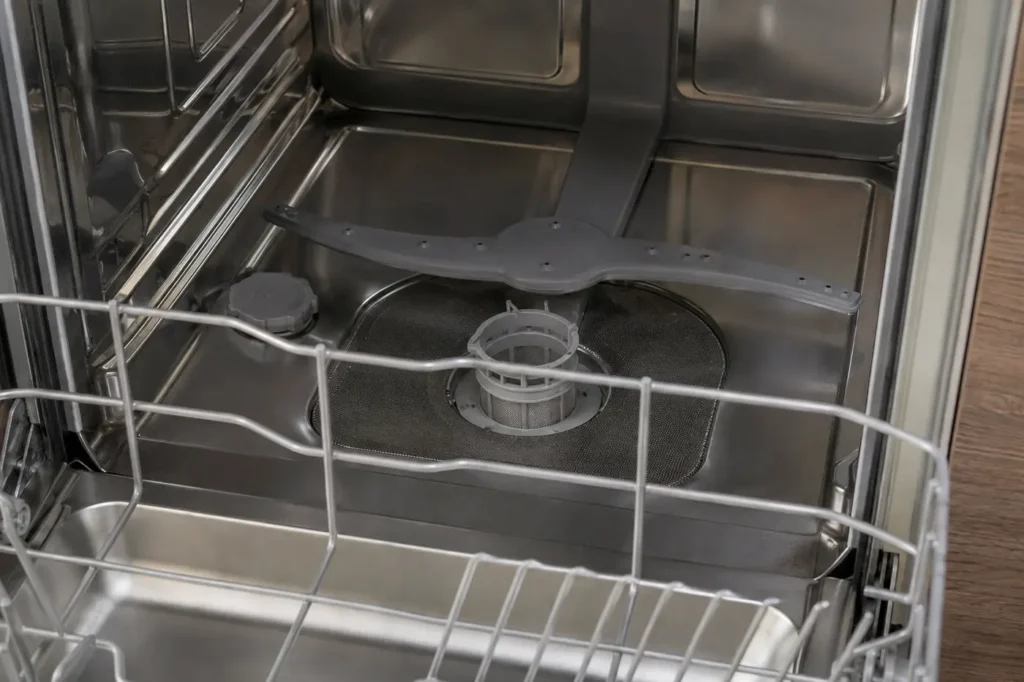 Clean dishwasher filter seated beneath the lower spray arm