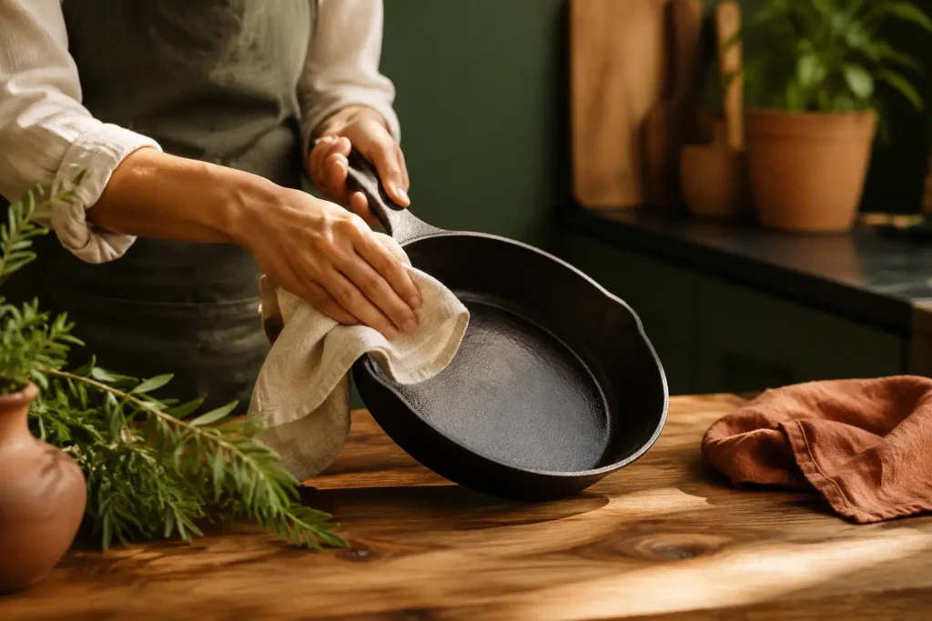 Drying a cast-iron skillet completely with a lint-free cloth