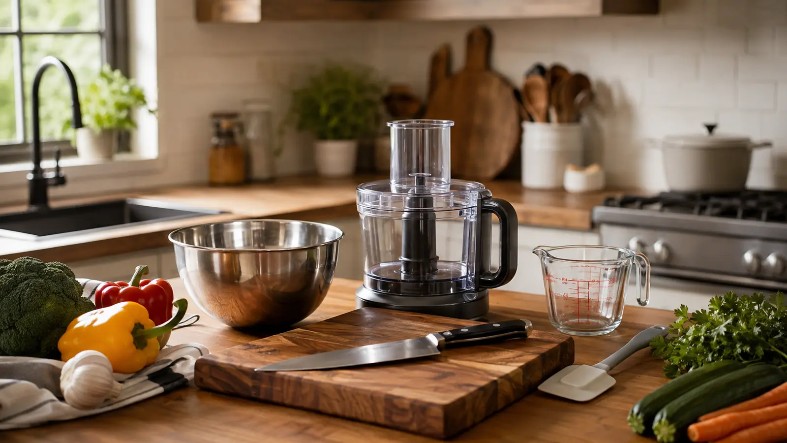 Essential multi-purpose kitchen tools arranged for meal preparation