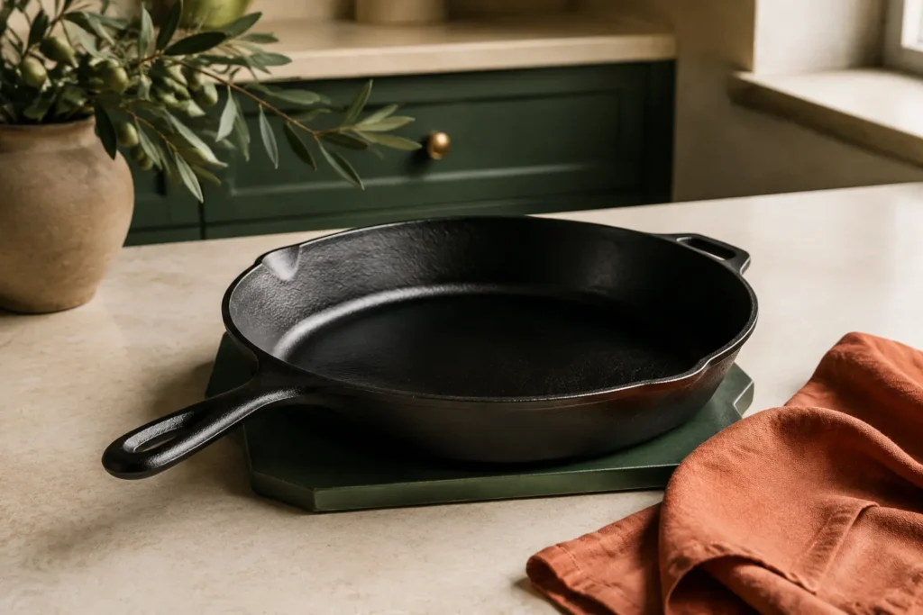 Evenly seasoned cast-iron skillet with a smooth satin-black surface