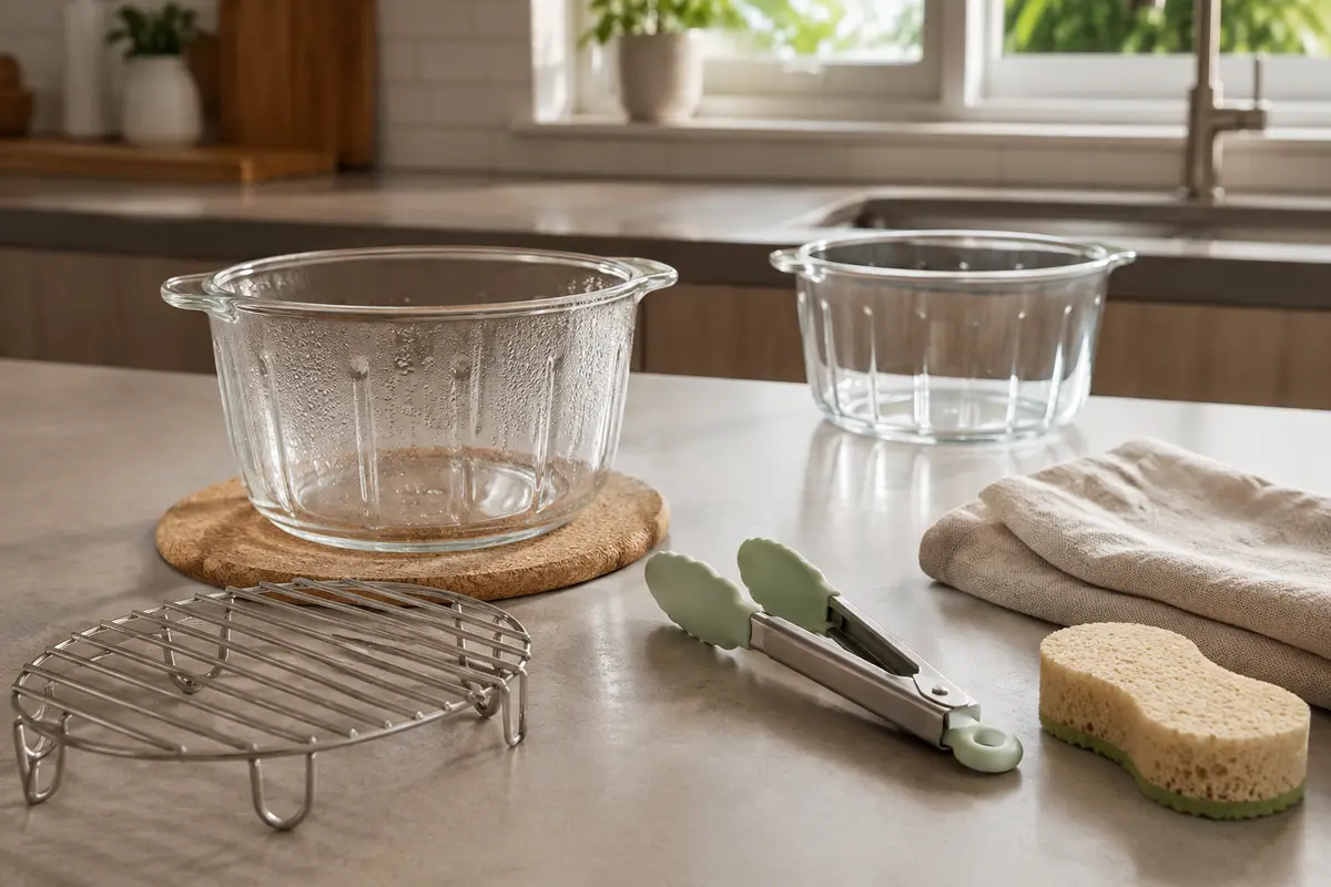 Glass air fryer bowls cooling on a heat-safe trivet beside a stainless rack and soft sponge