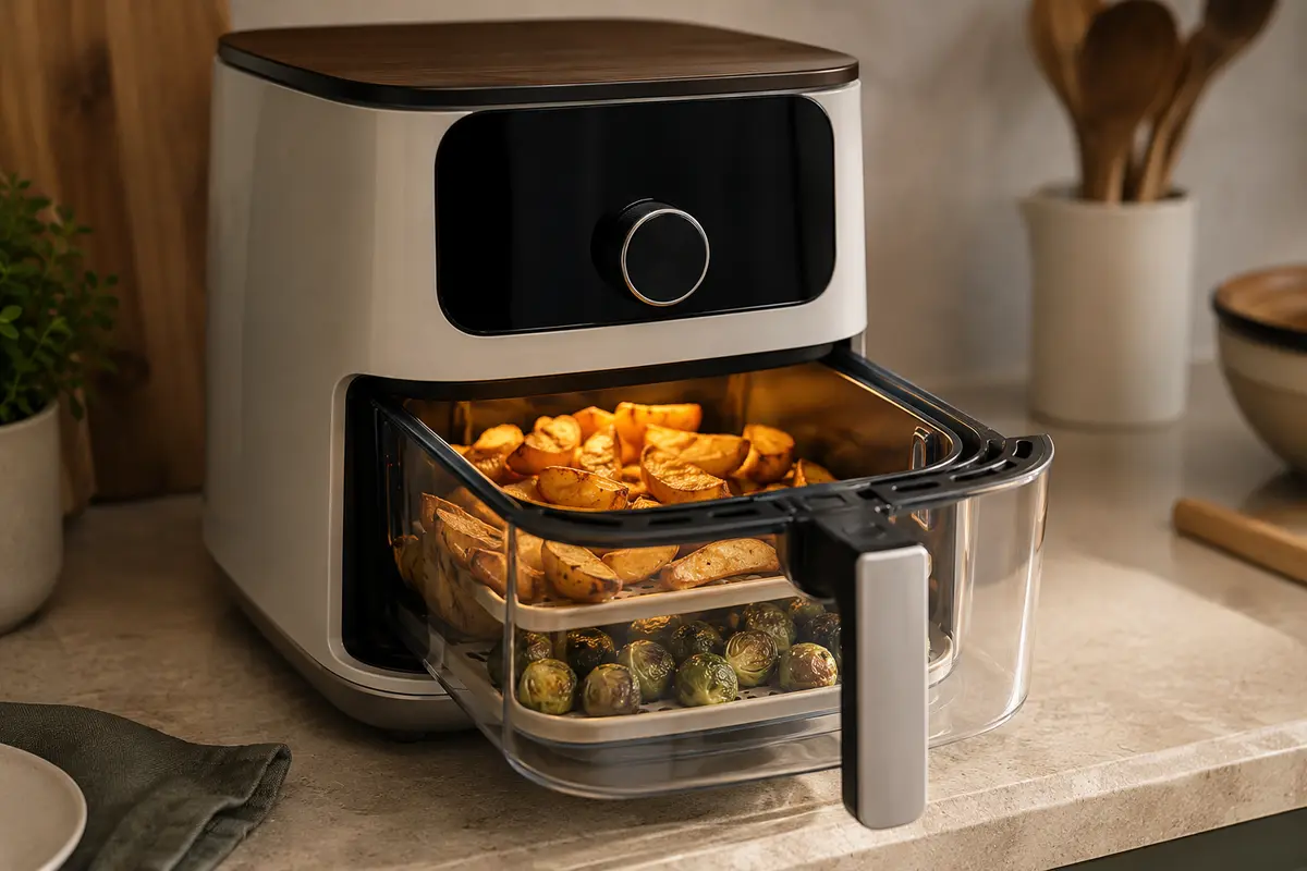 Drawer-style air fryer with a transparent glass basket showing potatoes and Brussels sprouts