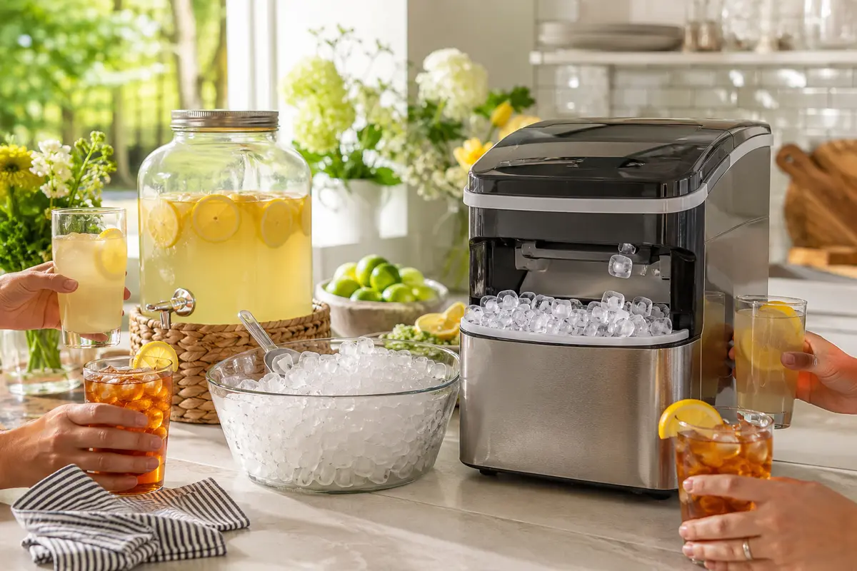 High-capacity nugget ice maker serving drinks at a summer kitchen gathering