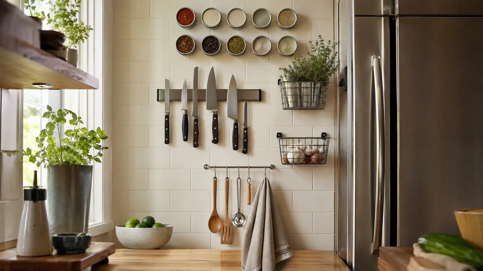 Small kitchen organized with magnetic knife and spice storage