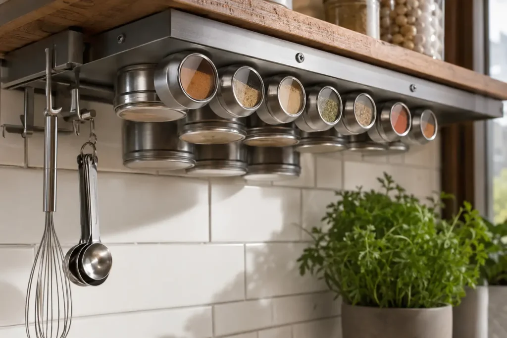 Magnetic spice tins mounted securely beneath a kitchen shelf