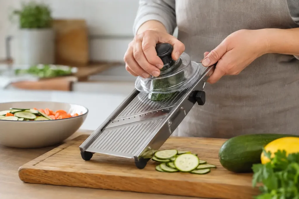Home cook safely slicing zucchini with a mandoline hand guard