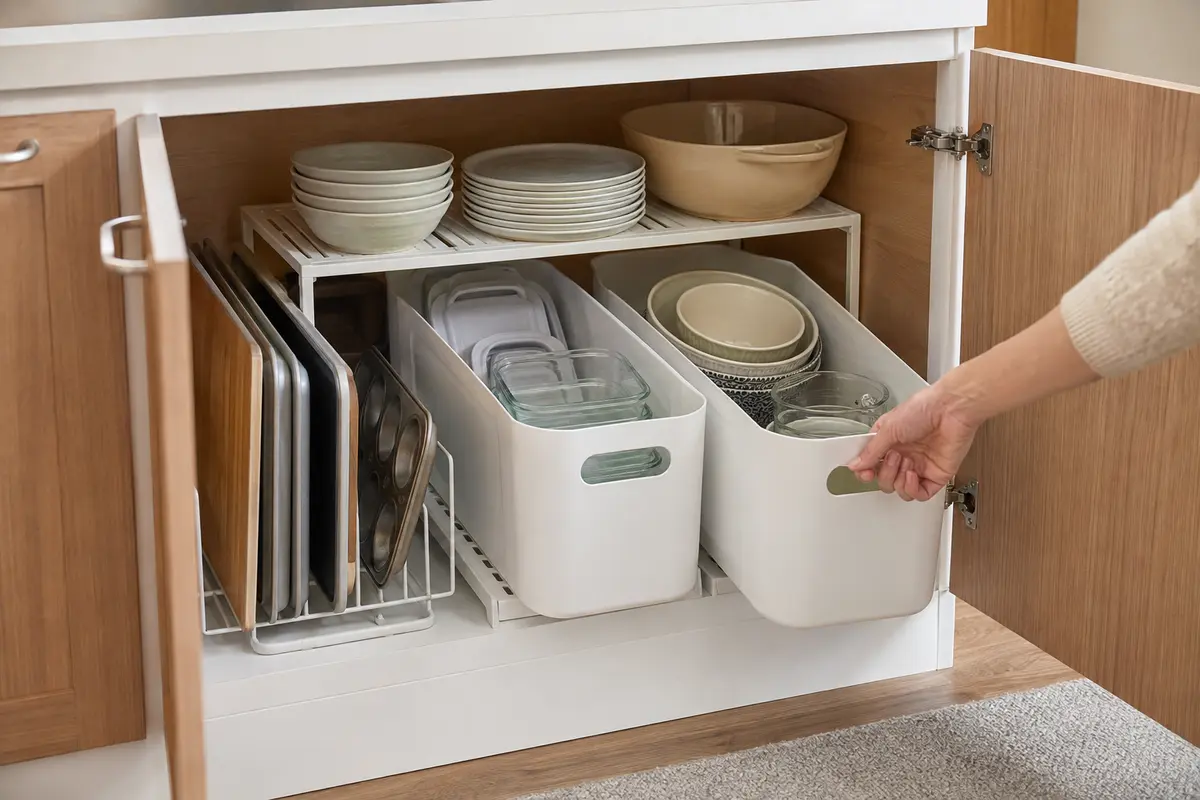 Maximizing cabinet space with shelf risers, bins, and vertical dividers