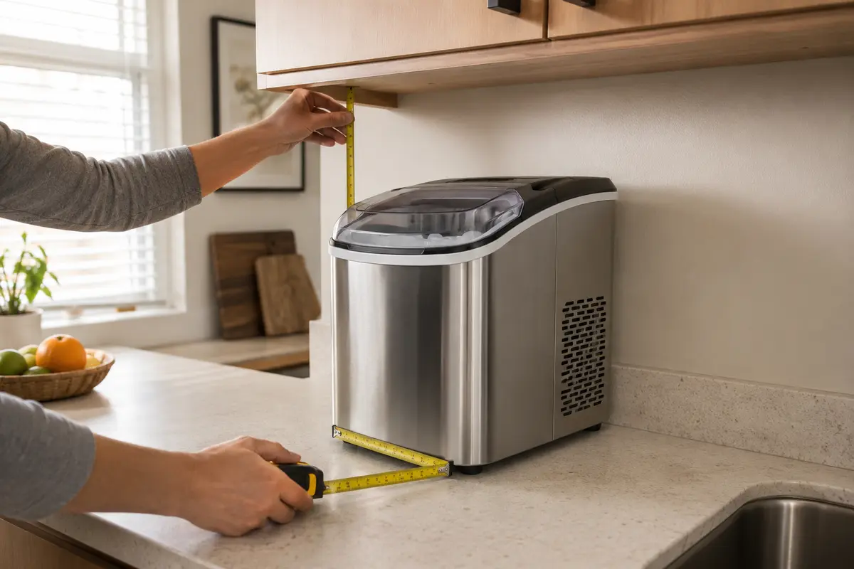 Measuring a countertop ice maker beneath upper kitchen cabinets