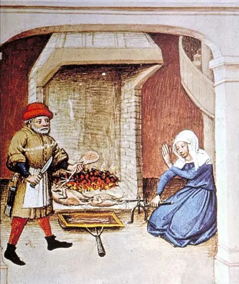 Fifteenth-century illustration of birds roasting on a spit over a hearth