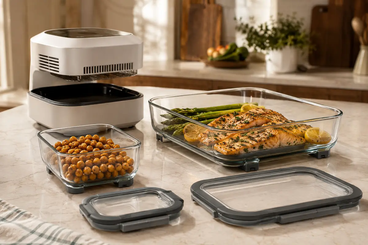 Modular glass air fryer containers used for cooking salmon and roasted chickpeas