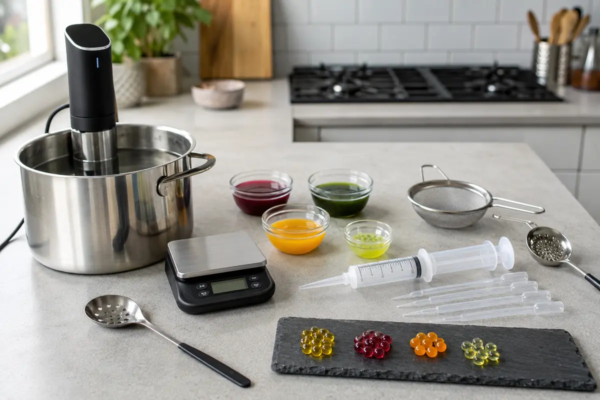 Beginner molecular gastronomy tools arranged for safe home-kitchen use