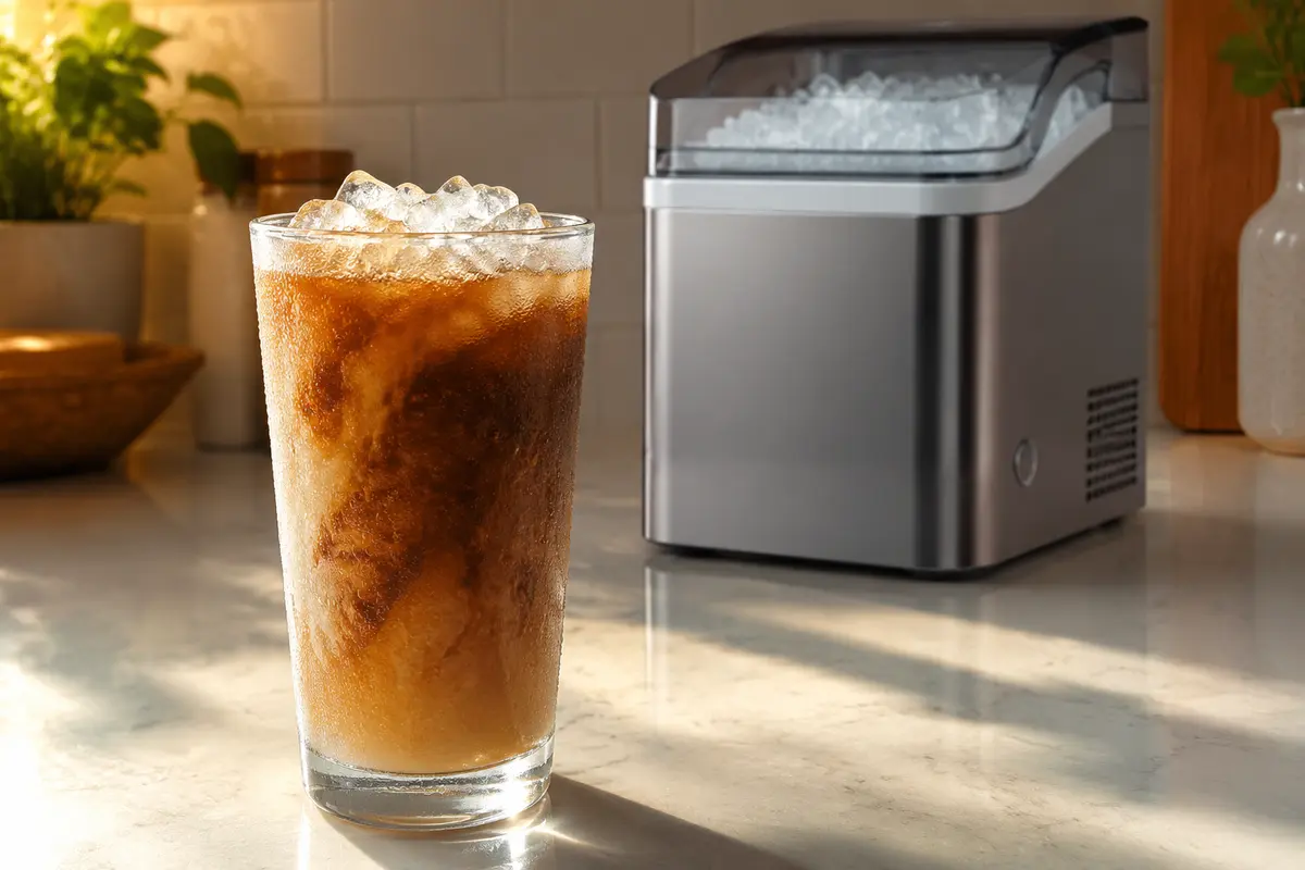 Iced coffee filled with nugget ice beside a countertop ice maker