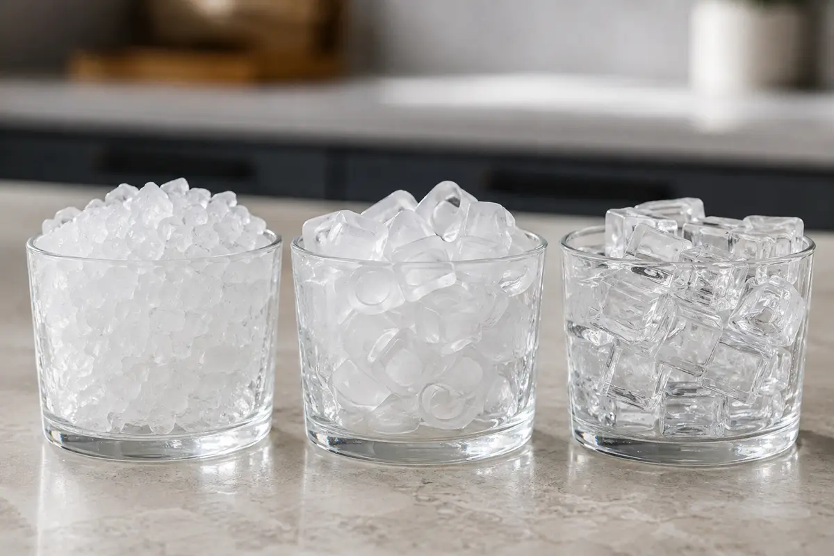 Nugget, bullet and clear ice shown side by side in three glasses
