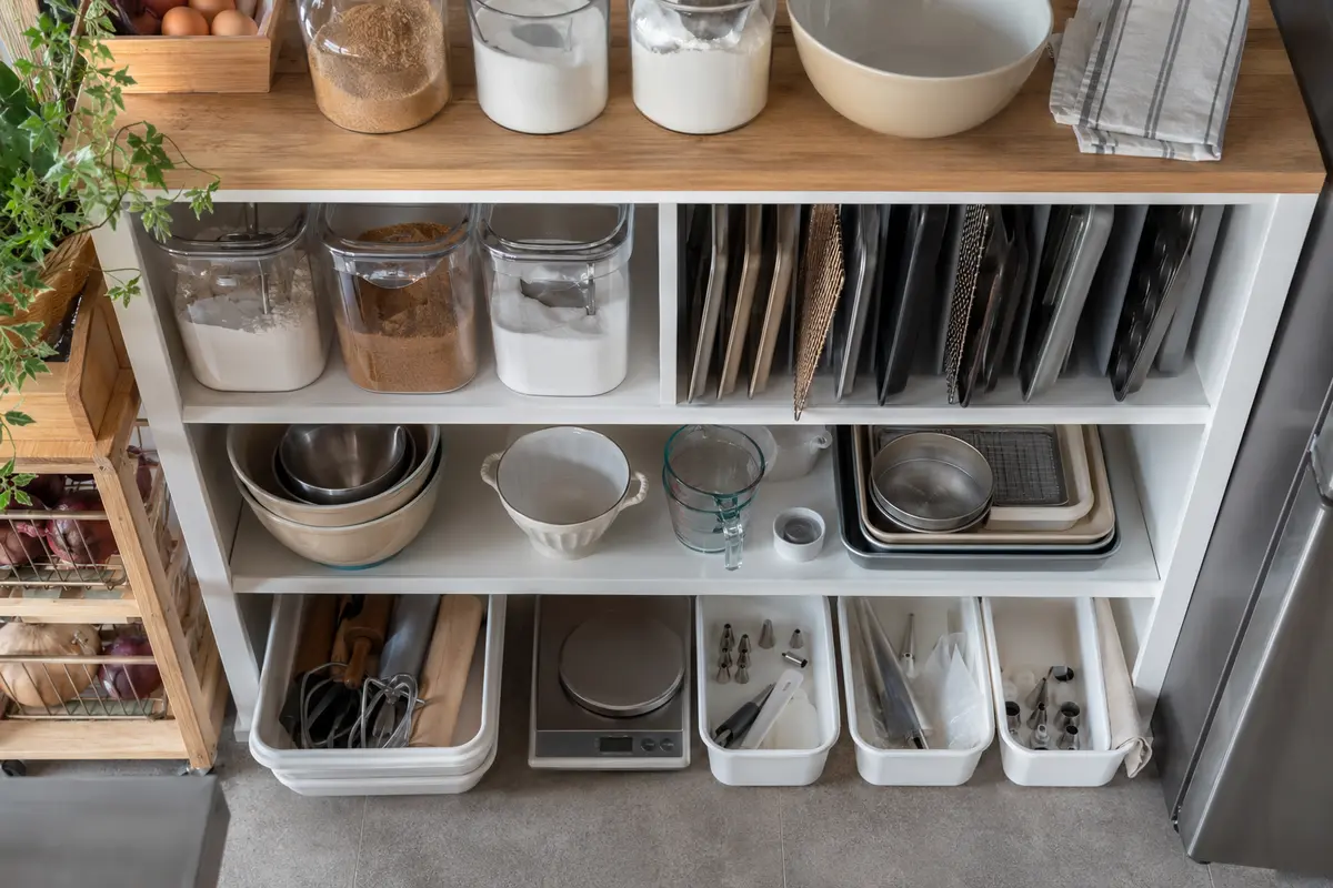 Baking supplies grouped neatly in organizers