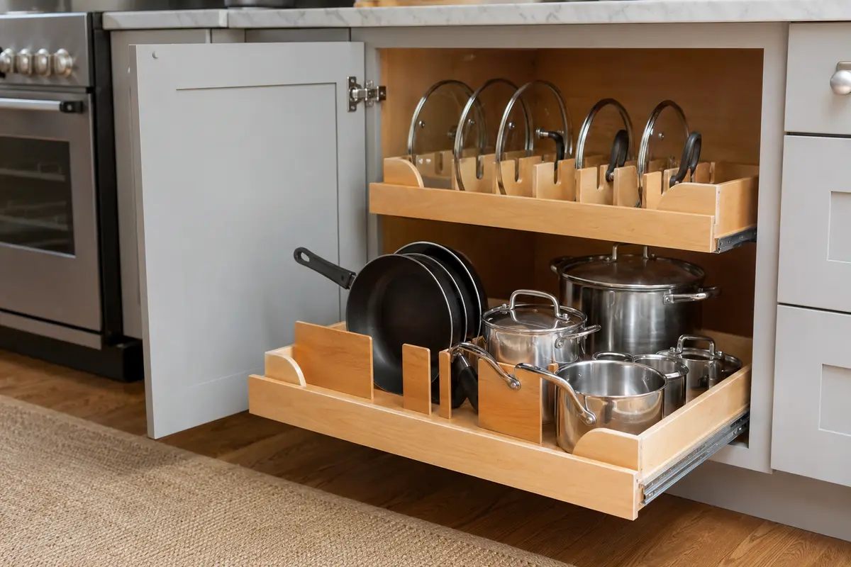 Pots, pans, skillets, and lids organized in a pull-out cabinet rack