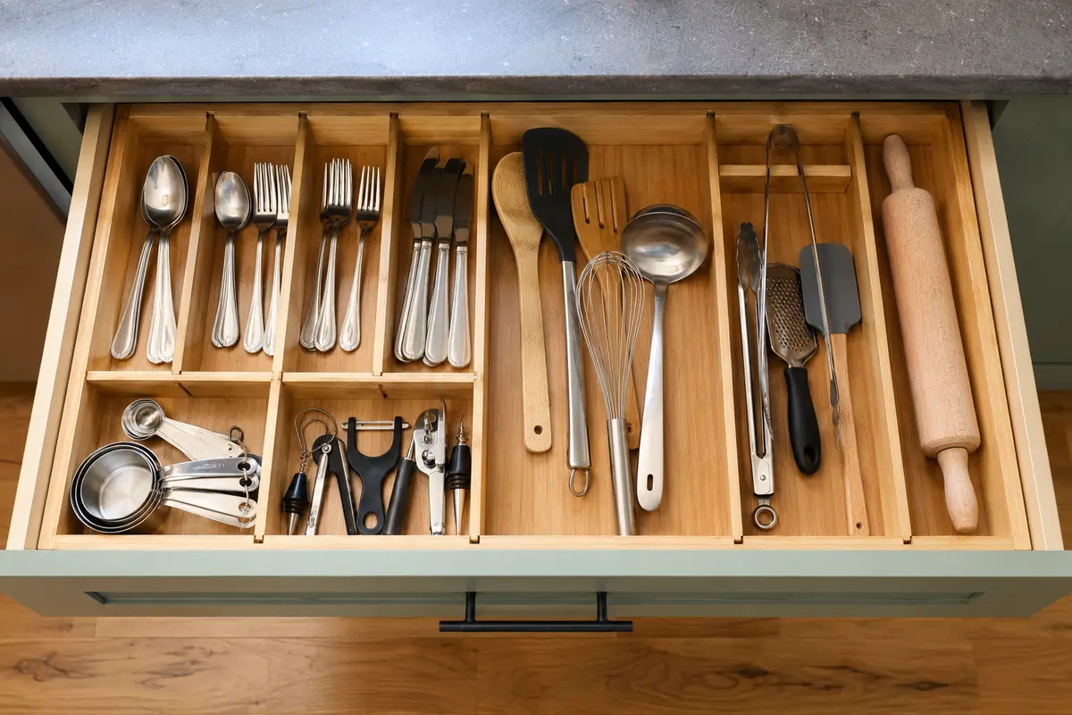 Kitchen drawer organized with adjustable wooden dividers for everyday tools