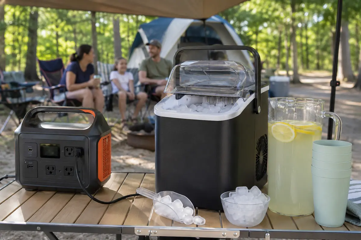 Portable ice maker at a campsite connected to a suitable power station