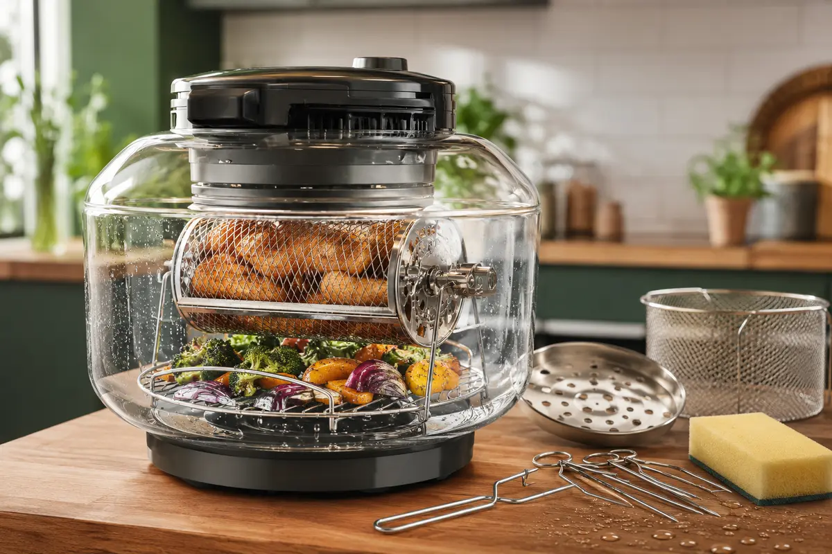 Round glass bowl air fryer with stainless steel rotisserie and cooking racks