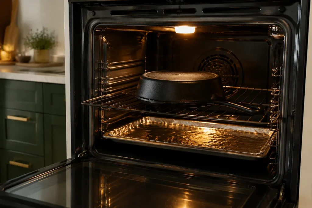 Cast-iron skillet placed upside down in the oven with a lined tray below