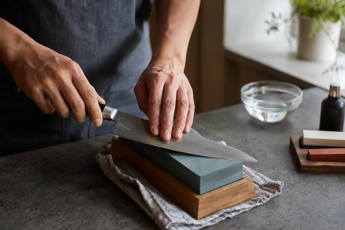 Safely sharpening a chef knife on a stable water whetstone