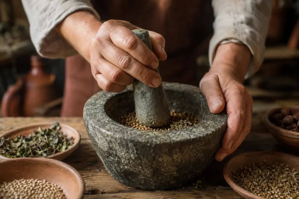 Traditional stone mortar and pestle grinding whole spices