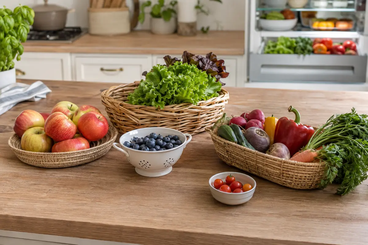 Fresh fruits and vegetables arranged in practical storage zones