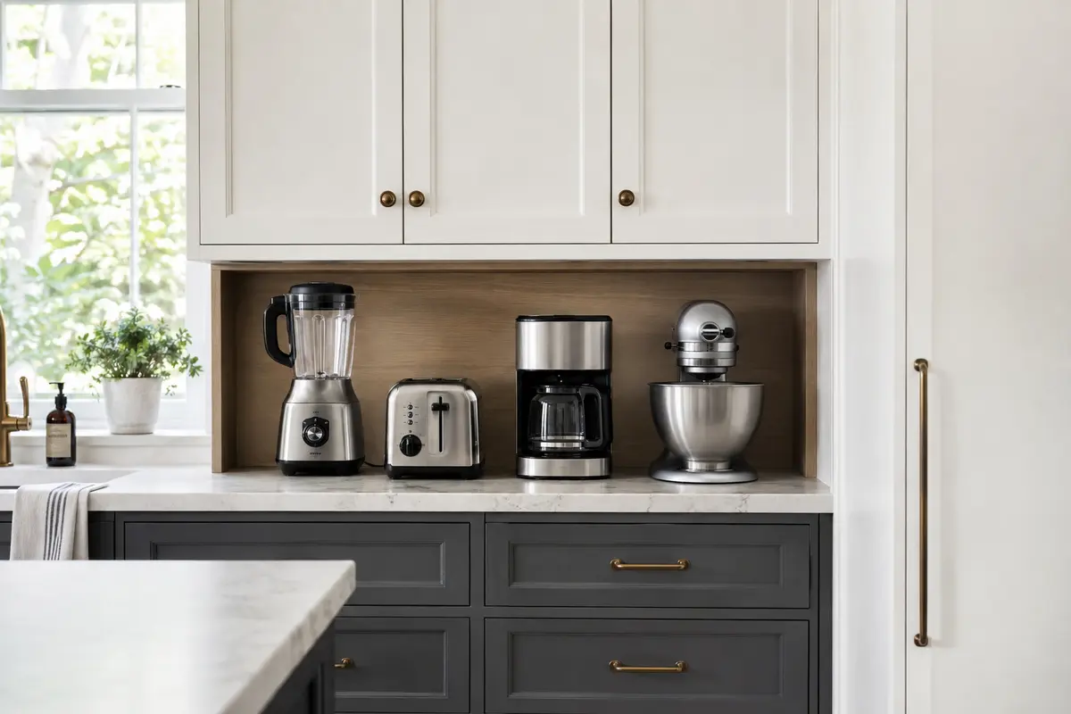 Frequently used kitchen appliances arranged in one uncluttered counter zone