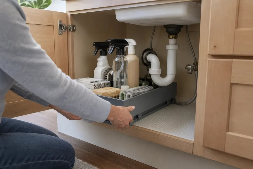Sliding a pull-out cleaning caddy into an under-sink cabinet