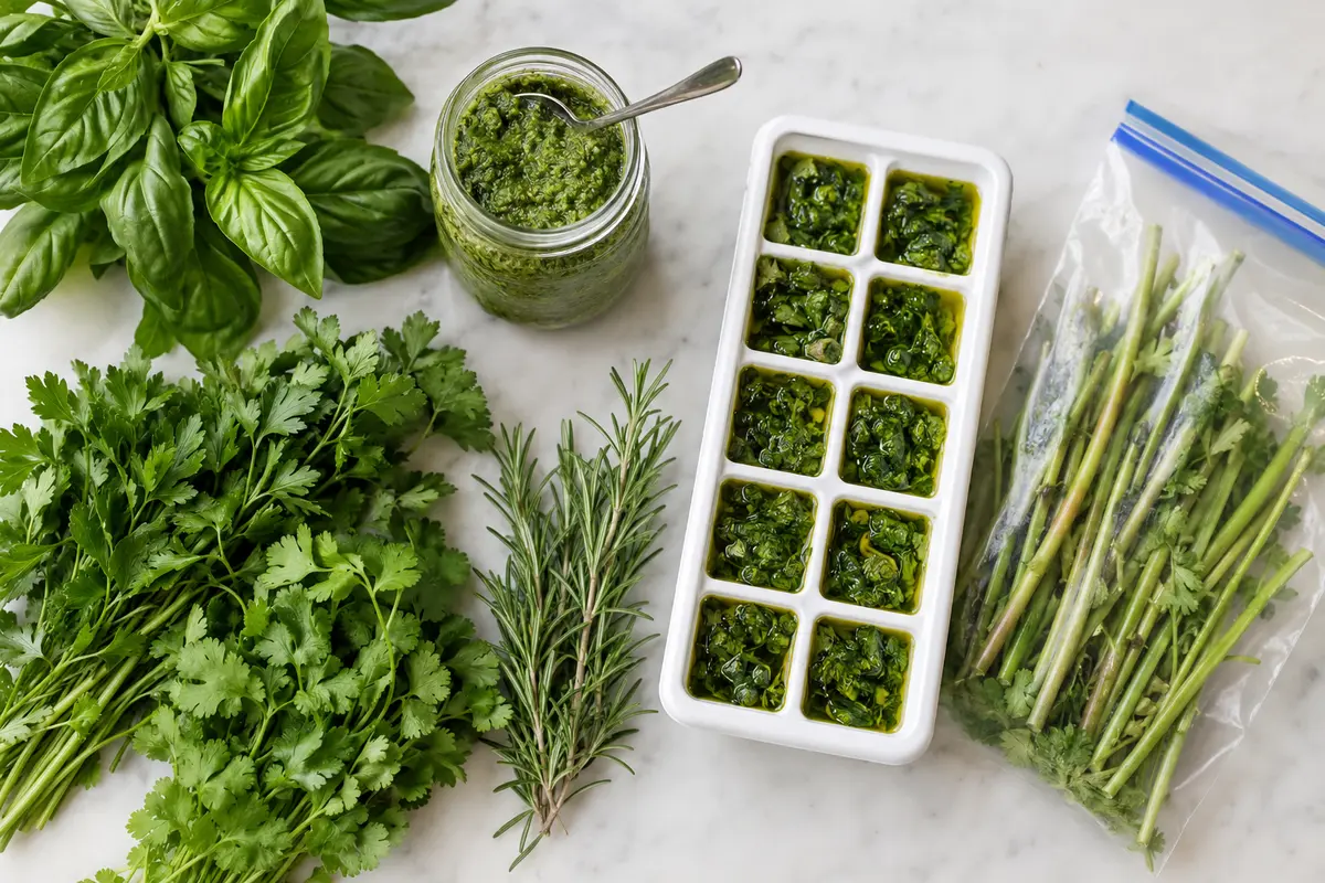 Leftover fresh herbs made into pesto, freezer portions, and a stock bundle
