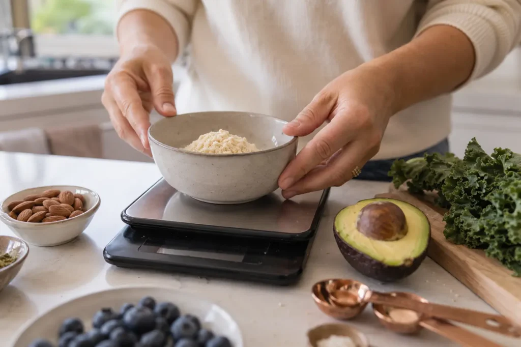 Weighing almond flour on a digital scale for accurate meal preparation