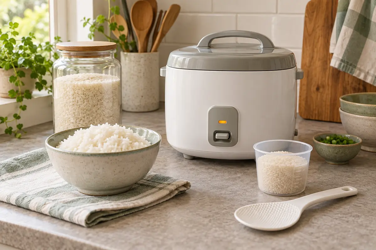 Budget rice cooker with measuring cup and rice paddle